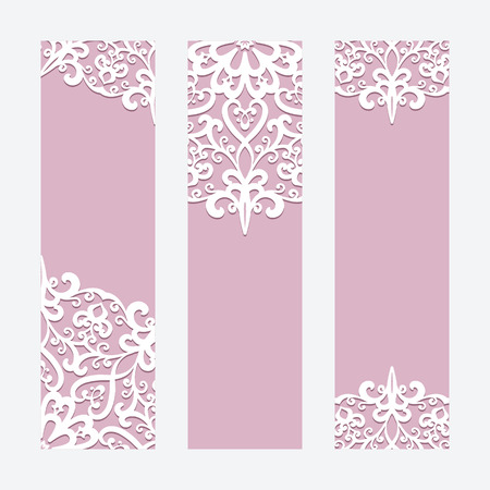 Set of elegant cards with lace ornament, banners, wedding invitation or announcement templatesのイラスト素材