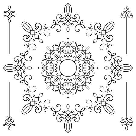 Vintage calligraphic round vignettes and divider elements, circle frame templates, set of decorative design elements in retro style, scroll embellishment on whiteのイラスト素材