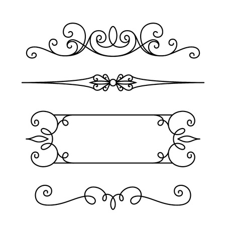 Vintage calligraphic vignettes and dividers, set of decorative design elements in retro style, page decoration template, scroll embellishment on whiteのイラスト素材