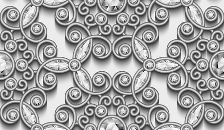 Vintage silver ornament, jewelry seamless pattern with diamondsのイラスト素材