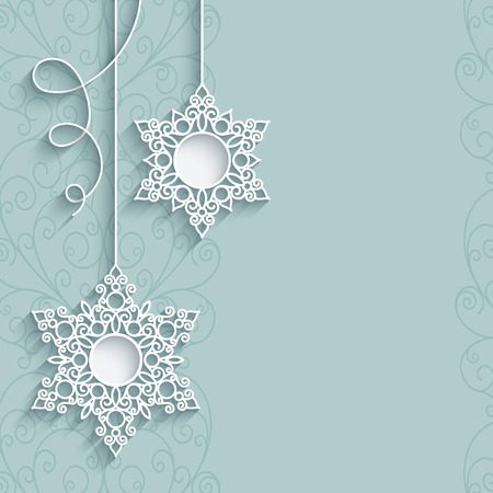 Elegant lace pendants on neutral background, snowflakes, lacy Christmas decoration, greeting card, invitation or announcement templateのイラスト素材