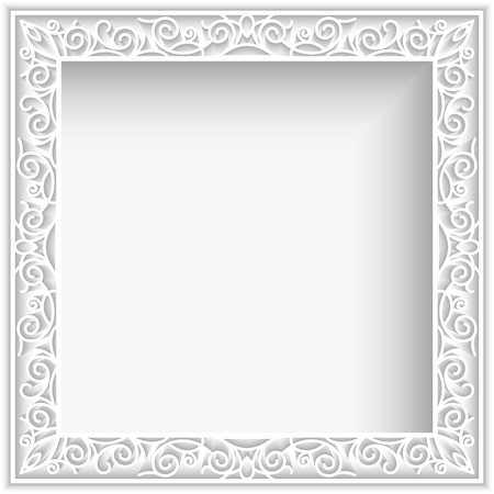 Abstract square lace frame with paper swirls, white ornamental backgroundのイラスト素材