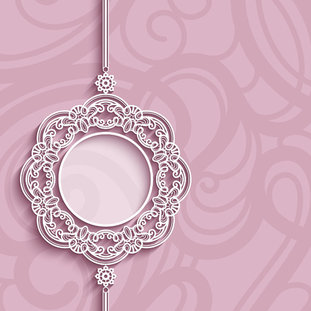 Elegant lace decoration, lacy pendant on ornamental pink background, circle frame, mandala, greeting card, wedding invitation or announcement templateのイラスト素材