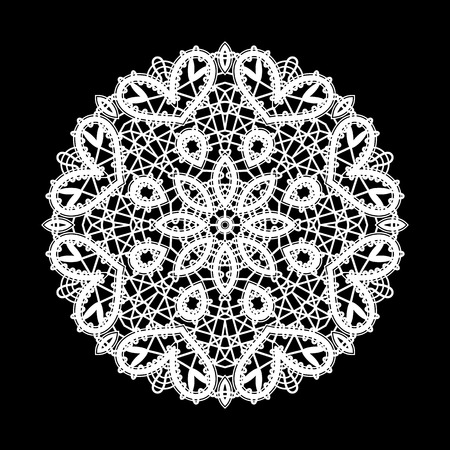 Round white lace ornament on black, lace doily, mandala, circle lacy decorationのイラスト素材