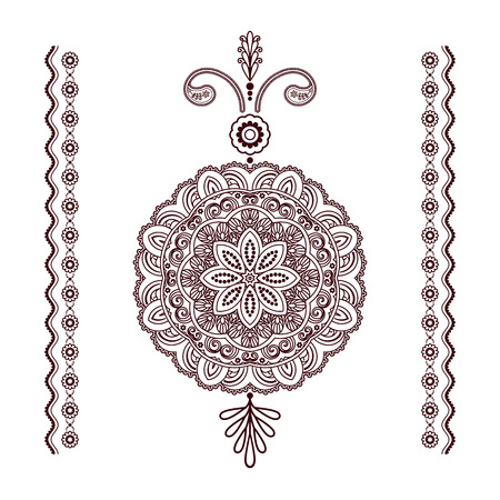Henna mandala pendant with round tattoo ornament and decorative border elements in Mehndi style on whiteのイラスト素材