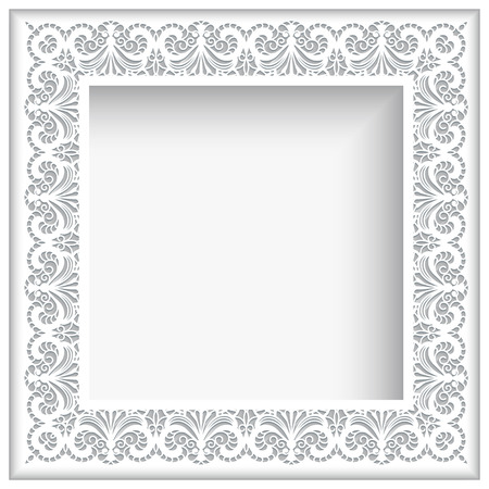 Square frame with paper swirls, ornamental white lace backgroundのイラスト素材