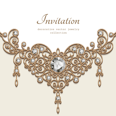 Vintage background with jewelry gold decoration on white background, filigree diamond jewellery necklace, elegant greeting card or invitation templateのイラスト素材