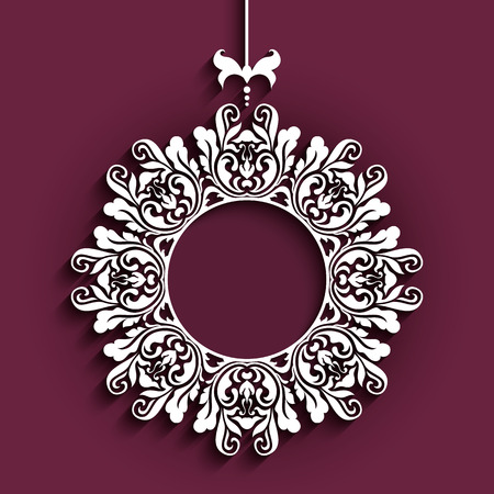 Elegant lace decoration, lacy pendant on ornamental pink background, circle frame, mandala, greeting card, wedding invitation or announcement templateのイラスト素材