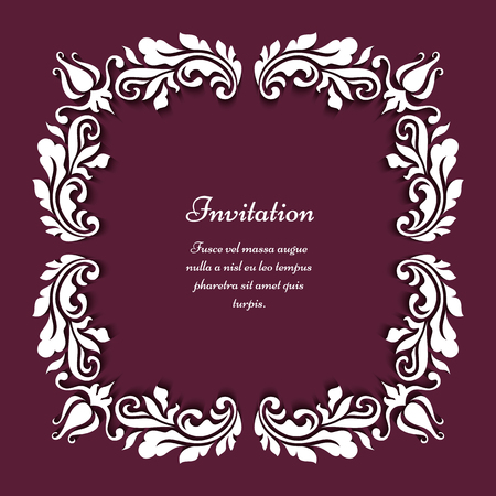 Square frame with floral corner decoration of paper swirls, greeting card or wedding invitation templateのイラスト素材