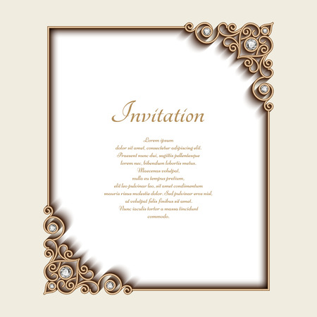 Vintage gold background, rectangle jewelry frame with ornamental corners, greeting card or invitation templateのイラスト素材