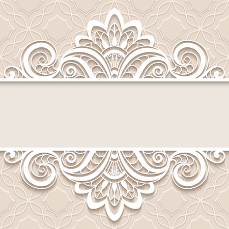 Elegant background with border lace ornament, divider, header, decorative paper lace frame, greeting card or wedding invitation templateのイラスト素材