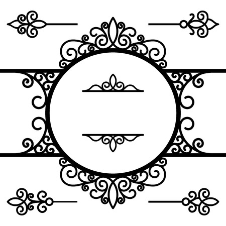 Vintage circle frame, decorative vignette, ornamental label and set of divider elements for graphic design on white, swirly embellishment in retro styleのイラスト素材