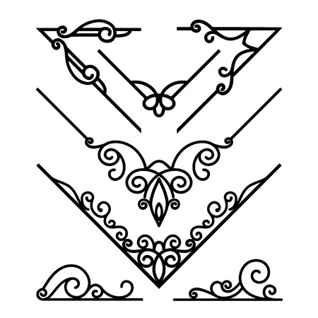 Set of vintage ornamental corners, set of decorative design elements in retro style, scroll embellishment on whiteのイラスト素材