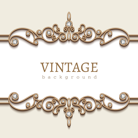 Vintage gold frame on white, divider element, elegant background with jewelry bordersのイラスト素材