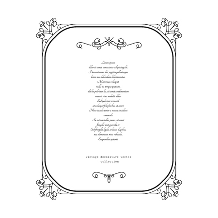 Vintage calligraphic frame, decorative linear design element in retro style, simple rectangle frame with swirls, certificate, invitation, elegant scroll embellishment on whiteのイラスト素材