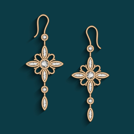 Vintage gold jewelry earrings with diamonds, jewellery pendants, filigree women's decorationのイラスト素材
