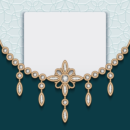 Elegant gold background with diamond jewelry decoration, jewelry frame, vintage greeting card or wedding invitation templateのイラスト素材
