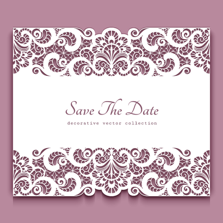 Elegant cutout paper frame with lace border ornament, greeting card or invitation templateのイラスト素材