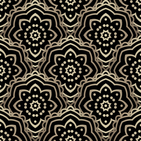 Gold and black scalloped ornament, shiny seamless pattern of overlapped round motifsのイラスト素材