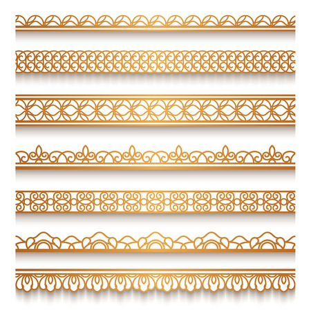 Set of vintage gold ornamental borders, lace ribbons, decorative golden lines on whiteのイラスト素材