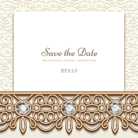 Elegant save the date card with diamond jewelry border decoration, vintage gold wedding invitation or announcement templateのイラスト素材