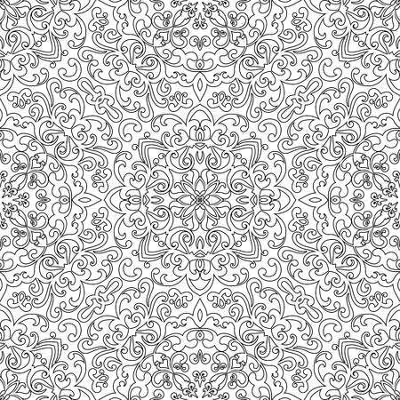 Seamless pattern for coloring book, black and white background, repeating swirly doodle ornament, decorative mehndi designのイラスト素材