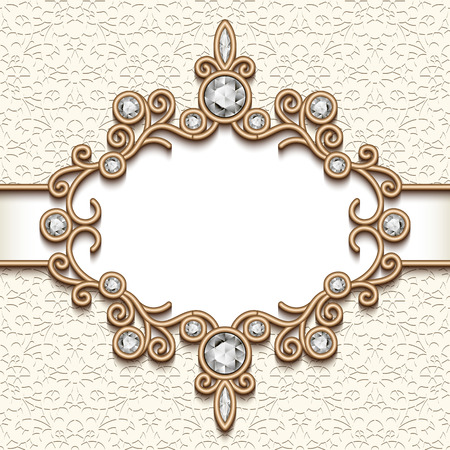 Vintage gold background, diamond label, jewellery vignette, swirly jewelry frame, greeting card or wedding invitation templateのイラスト素材