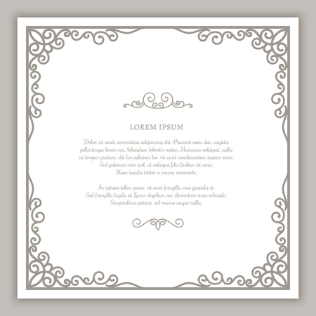 Vintage square frame with swirly corner decoration, cutout paper vignette, greeting card or wedding invitation templateのイラスト素材