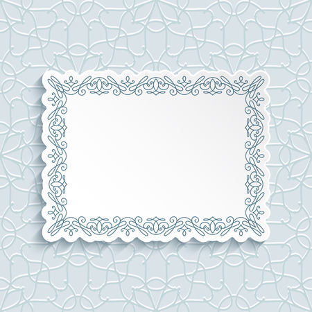Rectangle frame with ornamental border decoration, cutout paper label, greeting card or wedding invitation templateのイラスト素材