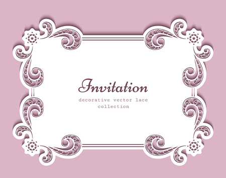 Rectangle frame with cutout paper lace border, greeting card or wedding invitation templateのイラスト素材