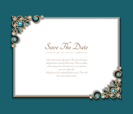 Vintage photo frame, save the date card with jewelry corner patterns, jewellery gold decoration with diamonds and emerald gems, wedding announcement or invitation template.のイラスト素材
