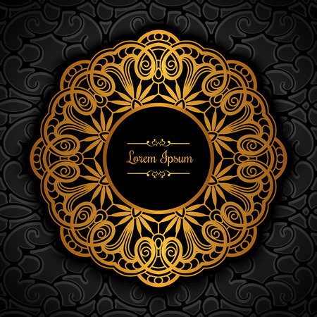 Vintage gold label, golden frame with ornamental border, mandala, decorative round pattern, lace doily, circle element for invitation card designのイラスト素材