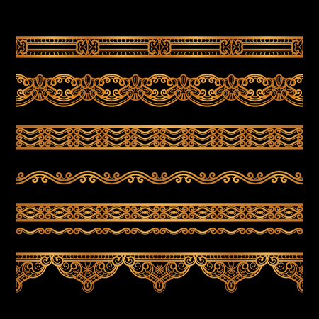 Set of vintage gold borders, golden edge decoration, ornamental dividers on blackのイラスト素材