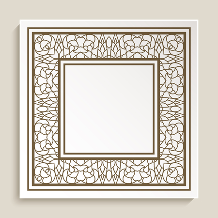Cutout paper label, square frame with swirly border pattern, graphic embellishment, vintage decorative element for designのイラスト素材