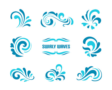 Wave icons, set of simple swirls and splashes, curly shapes isolated on white, decorative elements for logo designのイラスト素材