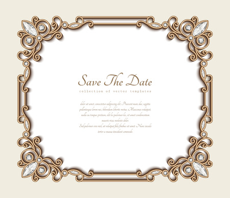Vintage gold background, vector rectangle jewelry frame with ornamental border, save the date card or wedding invitation template, eps10のイラスト素材