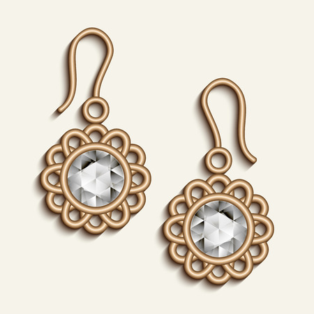 Vintage gold jewelry earrings with diamond gemstones, jewellery pendants, filigree womens decoration, elegant embellishment on whiteのイラスト素材