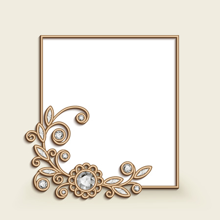 Vintage photo frame with gold corner decoration, floral jewellery vignette with diamonds, wedding announcement or invitation card designのイラスト素材
