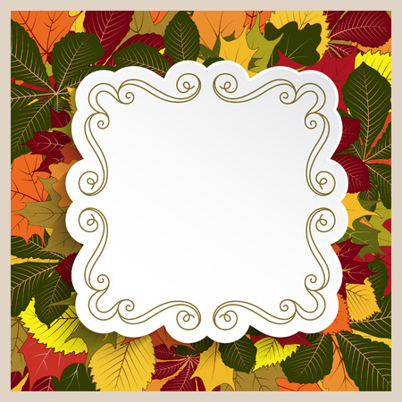 Autumn vector background, cutout paper label over fallen yellow leavesのイラスト素材