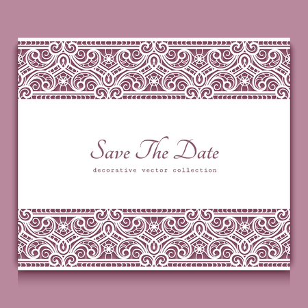 Elegant cutout paper frame with lace border ornament, vector greeting card or invitation templateのイラスト素材