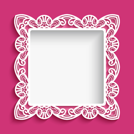 Square frame with lace border pattern, swirly vector ornament suitable for laser cutting or cutout paperwork, elegant decoration for wedding announcement or invitation cardのイラスト素材