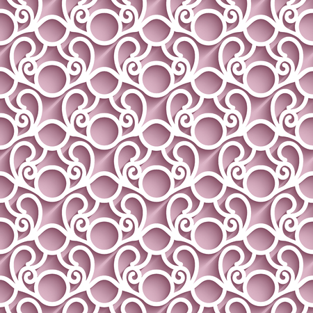 Cutout paper pattern, lace texture, swirly tulle background, seamless ornament in pink color.のイラスト素材