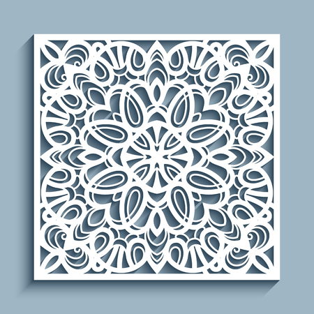 Decorative panel with lace pattern, square ornamental template for laser cutting or wood carving, cutout paper design element, elegant background for wedding invitation card のイラスト素材