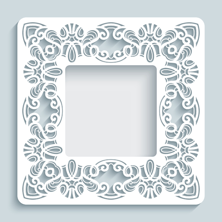 Square photo frame with lace border pattern, swirly ornament, template for laser cutting or cutout paperwork, vintage decoration for greeting card or wedding invitationのイラスト素材