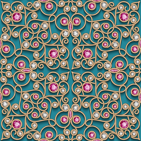 Vintage jewelry gold embroidery ornament, vector seamless jewelry pattern with diamonds and ruby gems on emerald background.のイラスト素材