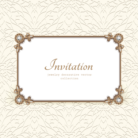 Vintage vector card with diamond jewelry decoration, gold rectangle frame, elegant wedding invitation or announcement templateのイラスト素材