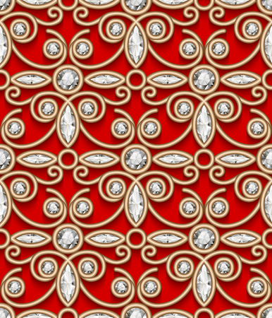 Vintage gold vector ornament, jewelry seamless pattern with diamond gems on red backgroundのイラスト素材