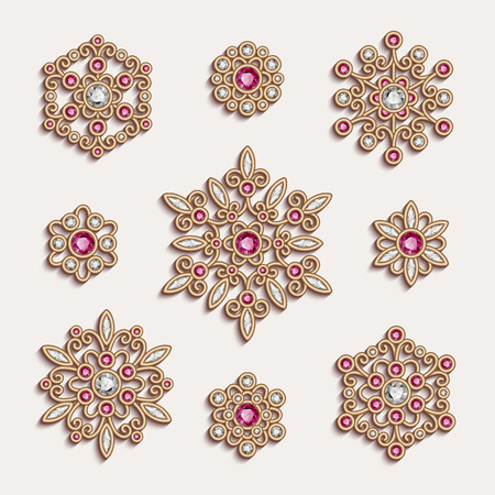 Elegant jewelry pendants, vintage gold jewellery decoration with diamond and ruby gems, vector set of filigree circle ornaments on whiteのイラスト素材