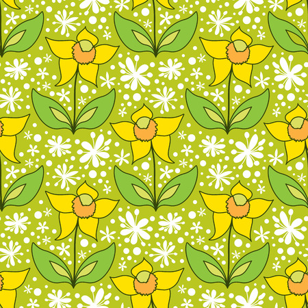 Green floral background, vector seamless pattern with simple flowersのイラスト素材