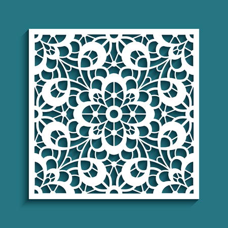 Decorative square panel with floral lace pattern, cutout paper ornament, vector template for cuttingのイラスト素材